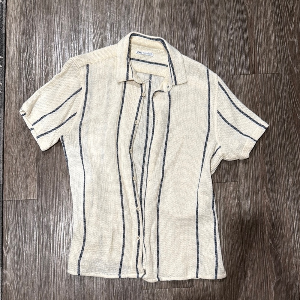 Zara Cream and Black Casual Button Down Shirt